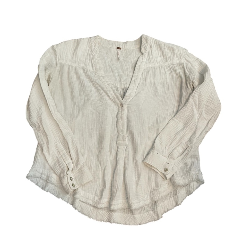Free People White Long-Sleeve Cotton Gauze Henley Top